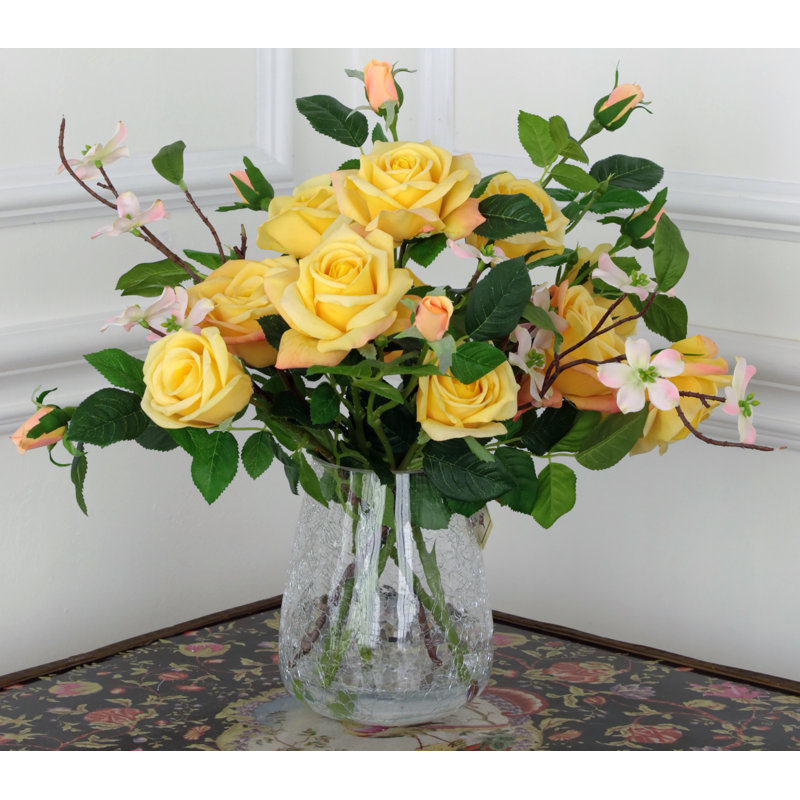Roses In Crackle Vase - 17 Inches, Yellow