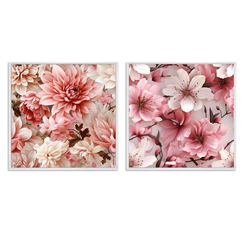 Ensemble de 2 collages carrés carrés floraux de tosha, Cadre flottant blanc, H 36 po x l 73 po