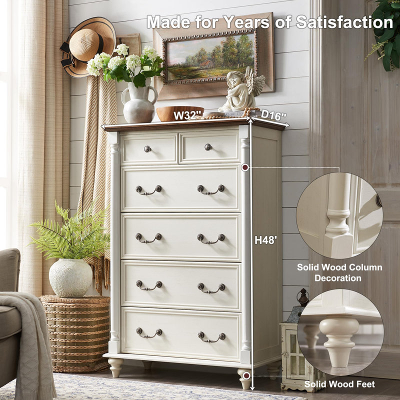 Antique White Solid Wood Farmhouse 6-Drawer Dresser Chest