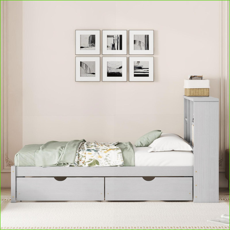 Base de lit plateforme simple en bois avec tête de lit bibliothèque et amp; USB, 2 tiroirs, aucun sommier nécessaire, gris pour la chambre à coucher