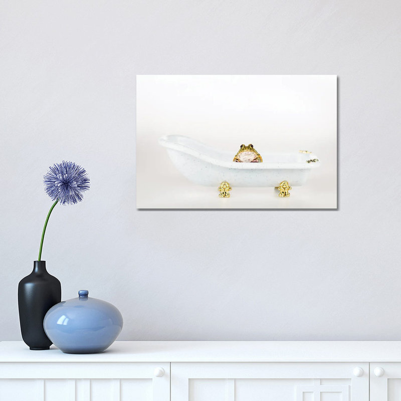 Cute Green Frog in Small Luxury Bathtub Isolated 1 Piece Wall Art on Canvas, 30.48cm H x 45.72cm W x 1.91cm D, Wrapped Canvas