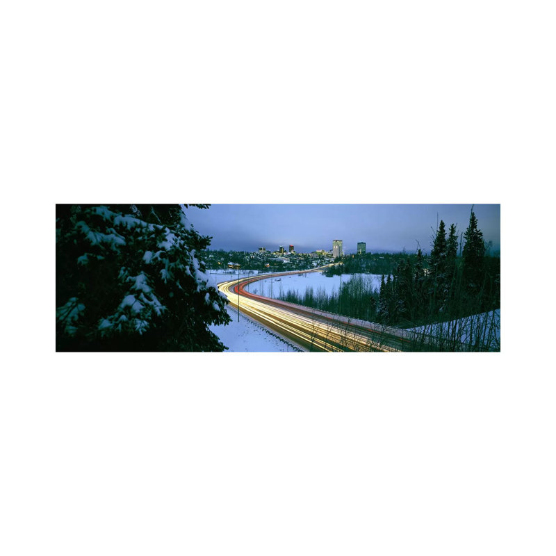 Autumobile Lights on Busy Street, Distant City Lights, Frozen Westchester Lagoon, Anchorage, Alaska, USA 1 Piece Wrapped Canvas Panoramic Wall Art