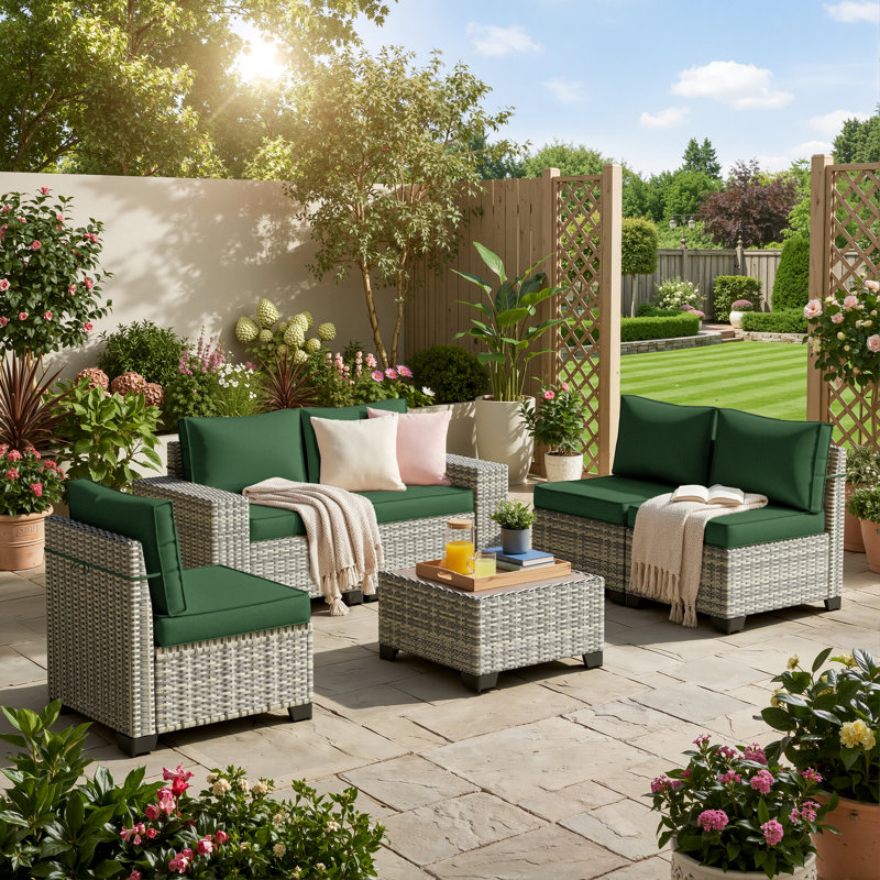 5-Person Outdoor Sectional Sofa Set With All-Weather HDPE Rattan, Cushions, And Wide Armrests, Forest Green