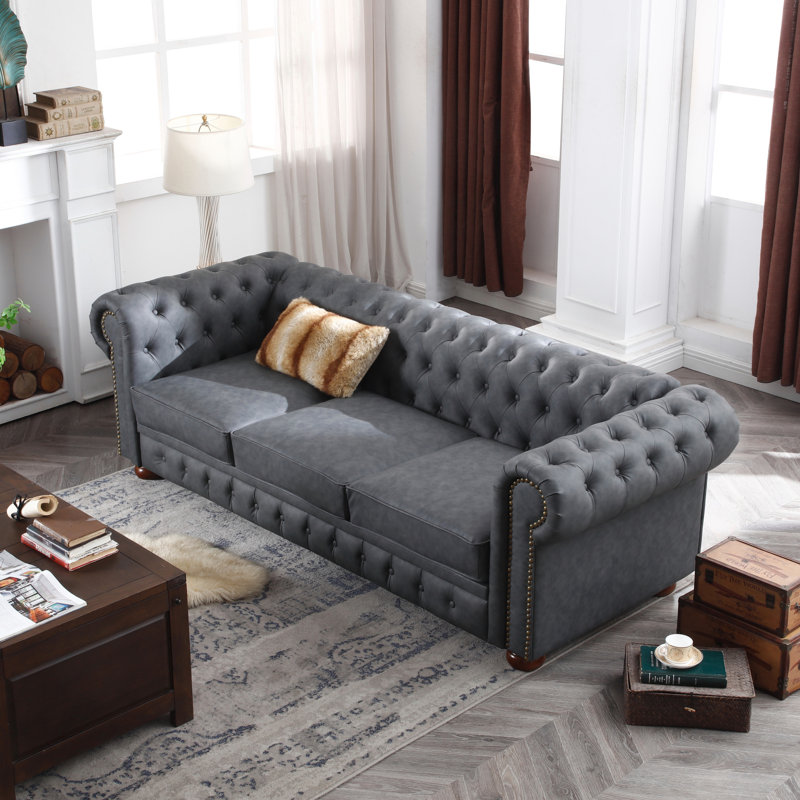 Gurnaik Upholstered 3-Seater Sofa, Dark Gray Faux Leather
