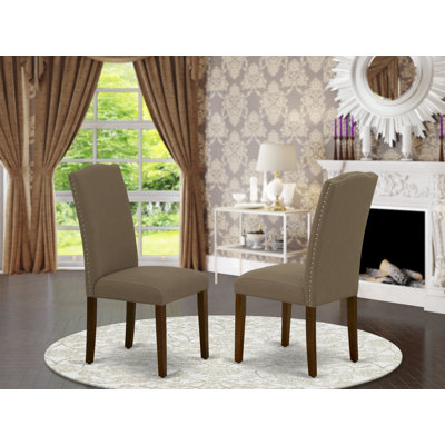 Encinal Parson Dining Chairs - Nailhead Trim Dark Coffee Linen Fabric Upholstered Chairs, Set of 2, Mahogany