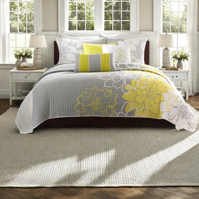 Ensembles de literie en coton jaune et gris, motif floral réversible, double / grand pour le confort de la maison