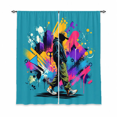 2Pcs Graffiti Cityscape Curtains, Light Filtering Fabric, Urban Street Art Design, Sunshade and Privacy Protection, Rod-Pocket, Suitable for Living Room, Bedroom, Teen Home Decoration