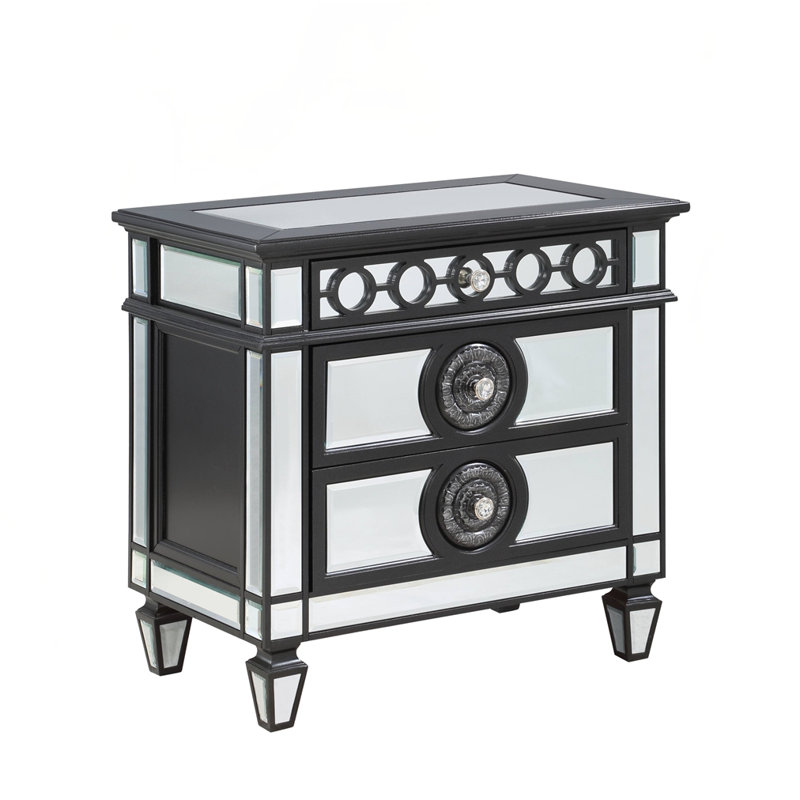 Table de chevet à finition miroir avec 2 tiroirs, Noir / argenté