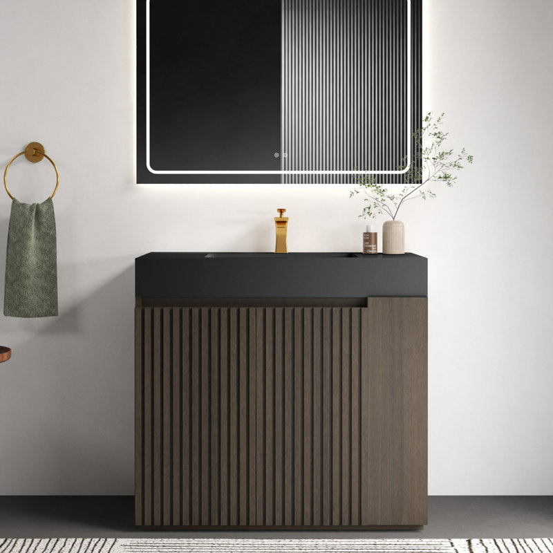 Meuble-lavabo en chêne fumé avec lavabo, mélamine et contreplaqué, 1 ensemble, meuble-lavabo, noyer foncé et noir mat, autoportant, grand espace de rangement et charnières à fermeture douce