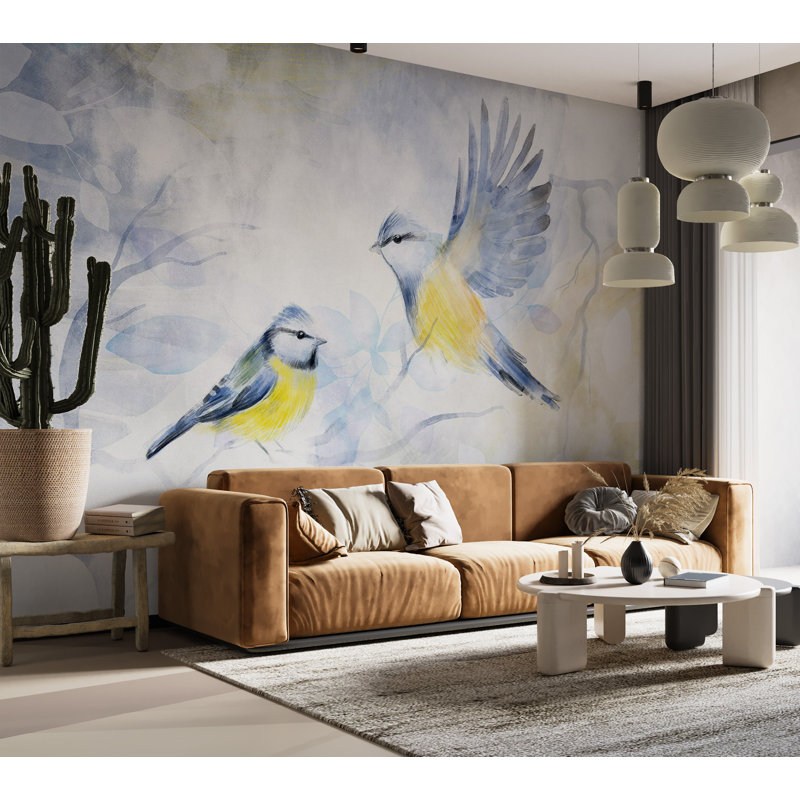 Murale animaux pelez et collez - aquarelle oiseaux bleu, L 41 po x l 57 po