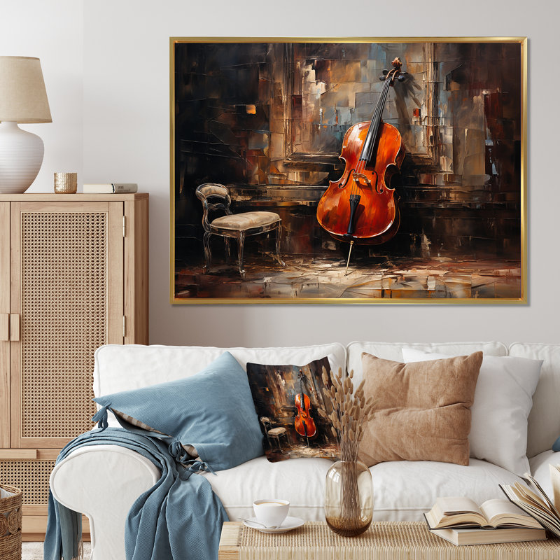 Violoncelle charisma profond bourgogne III sur toile, Cadre flottant doré, 34" H x 44" W