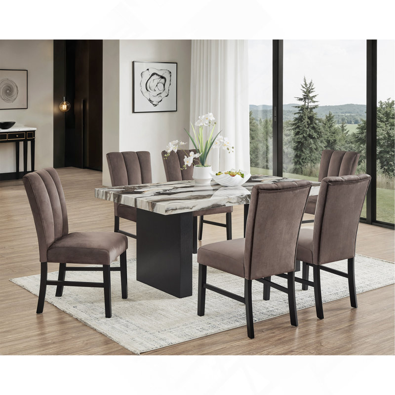 5 pièces Magnifique ensemble de salle à manger noir / brun en faux marbre, table carrée, rembourré, chaise légèrement incurvée, meubles de salle à manger en bois, noir, brun, moka et beige