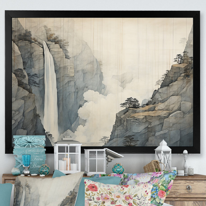 «Beige et gris Simple Cliff Waterfall I», reproduction sur toile, Cadre simple noir, H 16 po x l 32 po x P 1 po