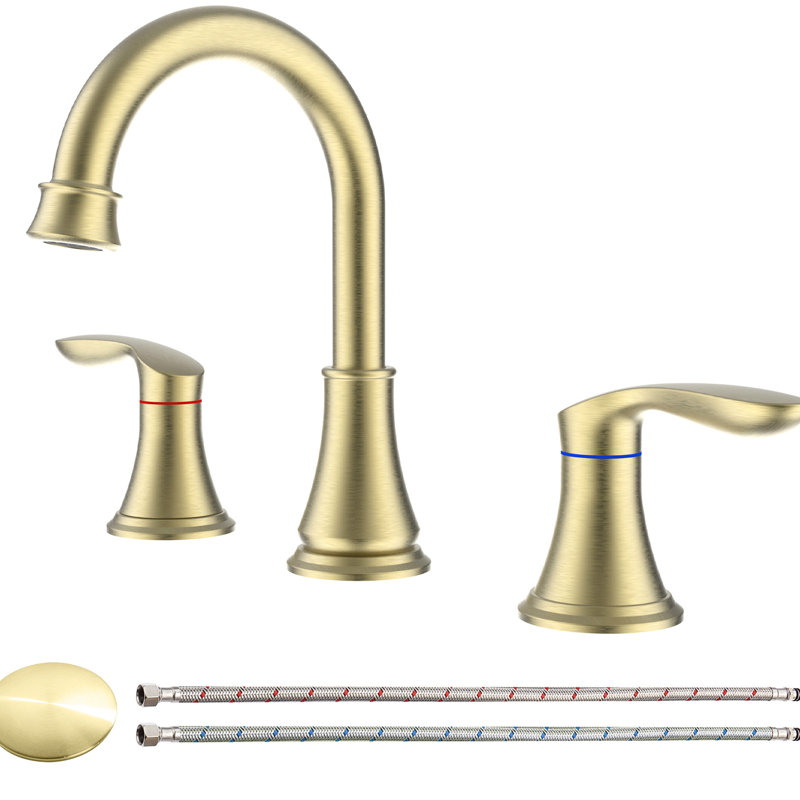 Robinet de lavabo de salle de bain or brossé 8 po - 2 poignées, 3 trous, bec pivotant à 360 °, conception de prévention des fuites à débit d'eau stable