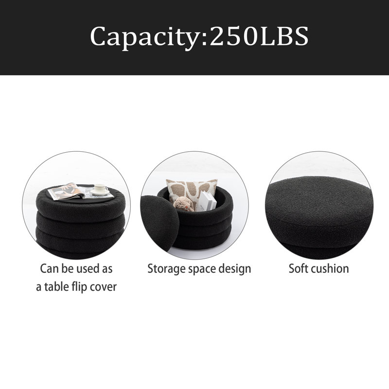 Repose-pieds rond avec rangement en tissu, Boucle noire