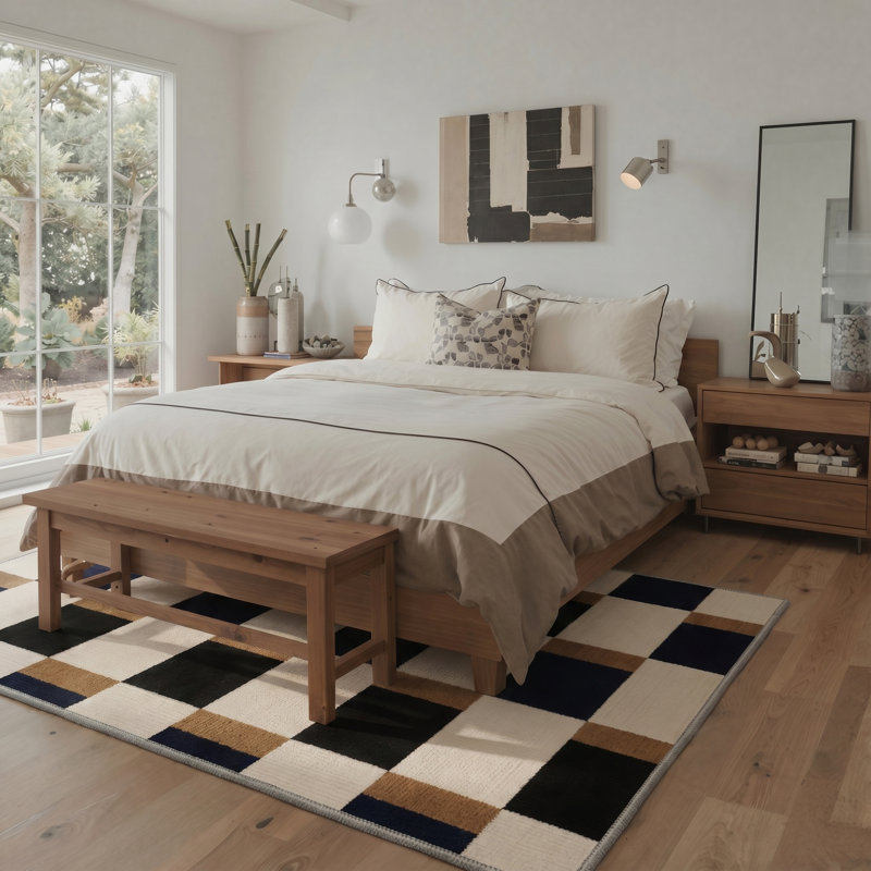 Liadan Monochrome Checkered Machine Washable Biege / Brown / Black Indoor Area Rug with Non-Slip Backing, Rectangle 9' x 12'