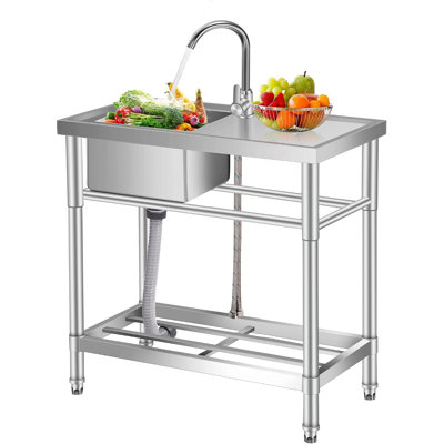 Stainless Steel Commercial Kitchen Sink with Storage Shelf | Free Standing Single Bowl Restaurant Prep Sink with Tap, Outdoor Camping Utility Sink with Drain Kit