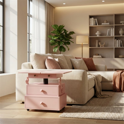 Table multifonctionnelle à hauteur réglable, finition laquée ultrabrillante avec cadre en bois, avec station de charge et roulettes verrouillables, table d'appoint avec tiroirs, plateau de table pliant, design amusant inspiré du robot, style minimaliste moderne, rose