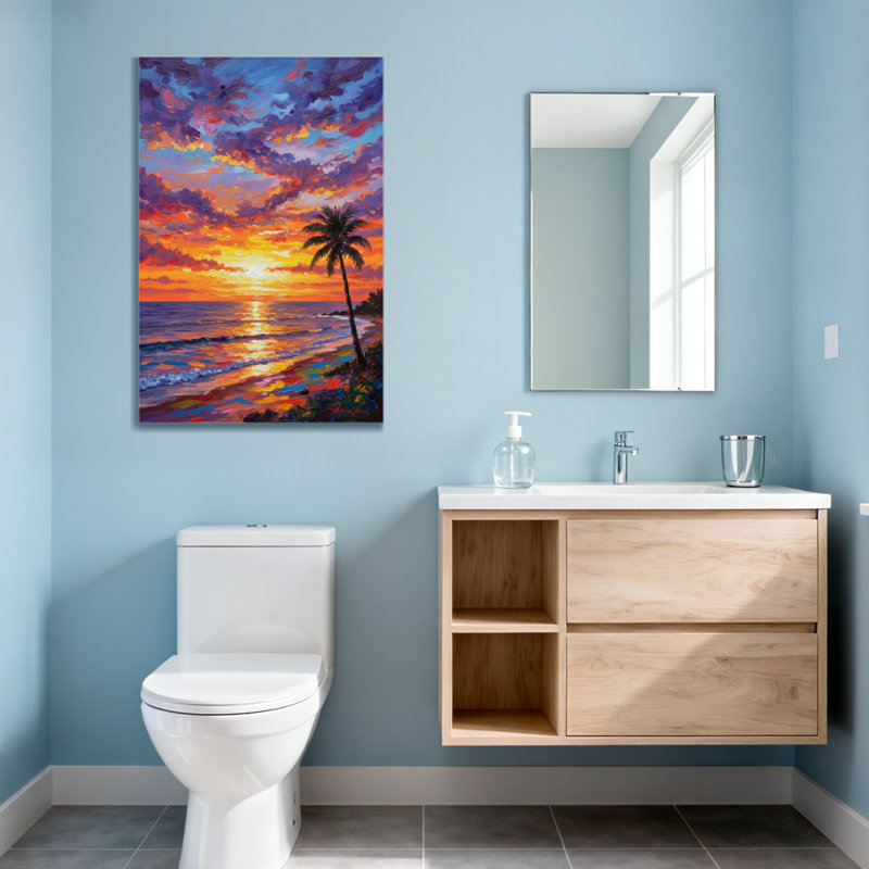 Paysage et nature coucher de soleil ciel palmier océan vagues plage, H 30 po x l 20 po