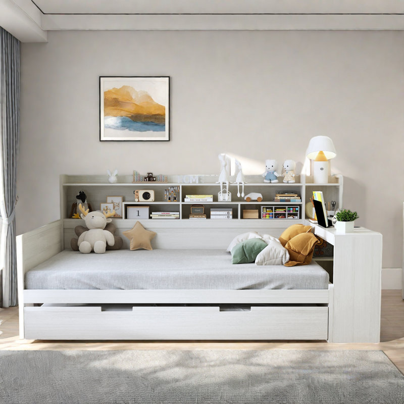 Multifunctional Wooden Daybed With Storage Shelves, Study Desk And Trundle, White, Full