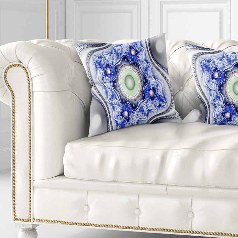 Motif bleu sur blanc avec cercles - imprimé abstrait, 18 po x 18 po, Coussin décoratif