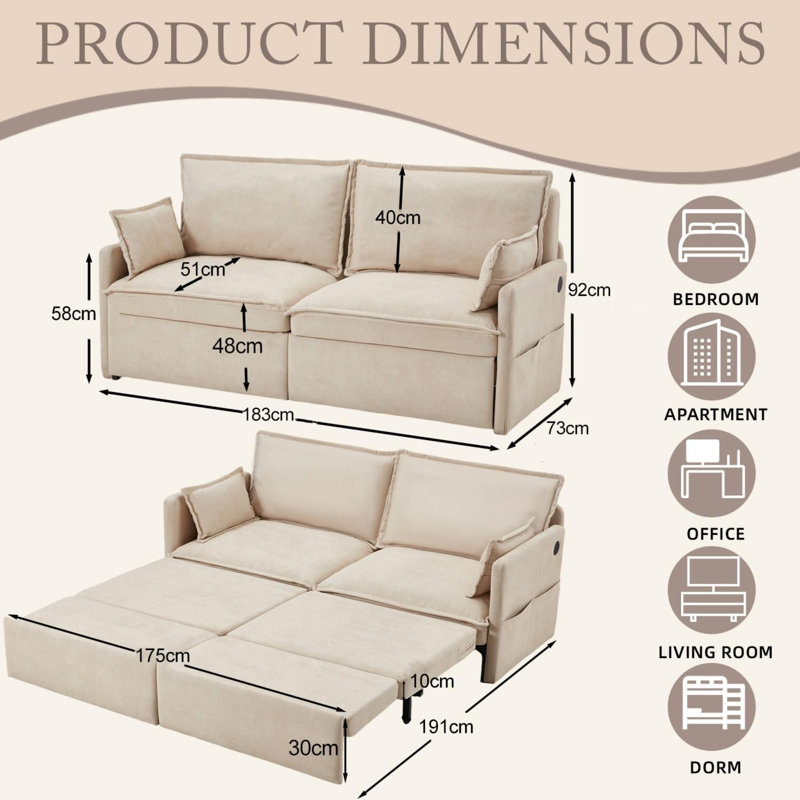 2 Seater Fabric Sofa Bed, Beige