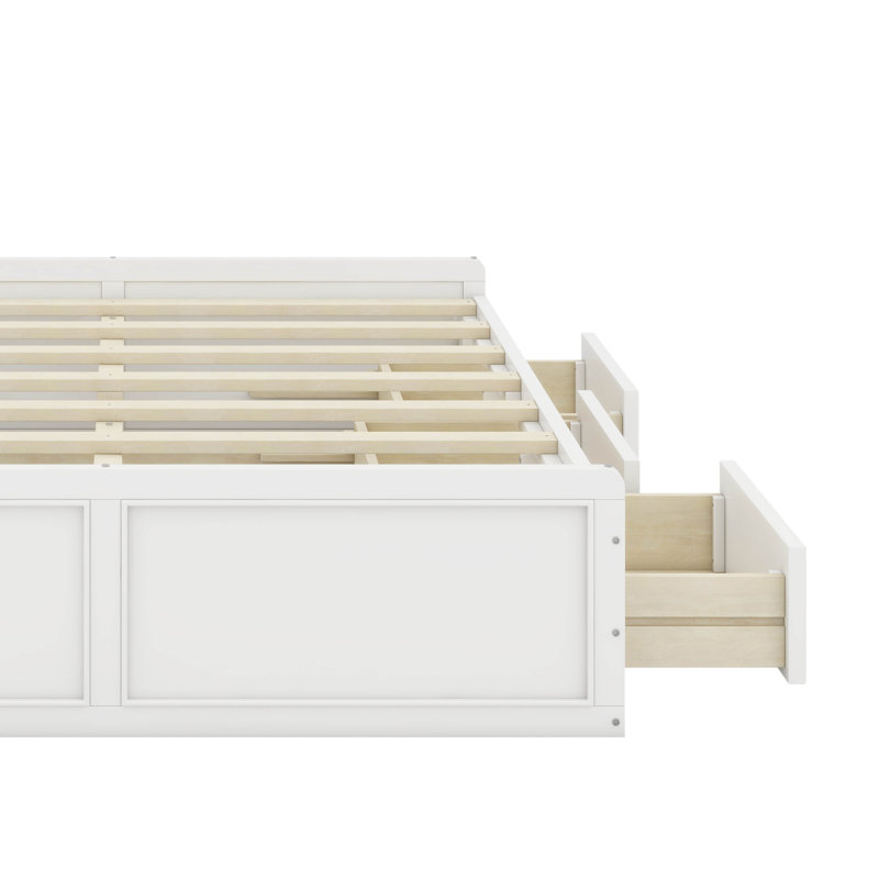 Queen Size Platform Bed With Drawers, White
