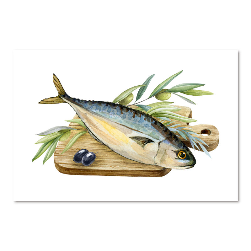 Poisson de mer avec herbes et branche d'olivier - Peinture sur toile, H 40 po x l 60 po, Toile tendue