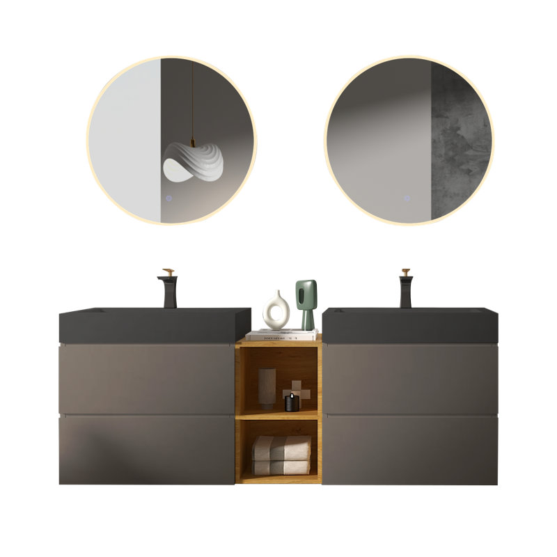 U096-ALICE72W-102 Meuble-lavabo de 72 po avec deux lavabos et tablette ouverte Alice