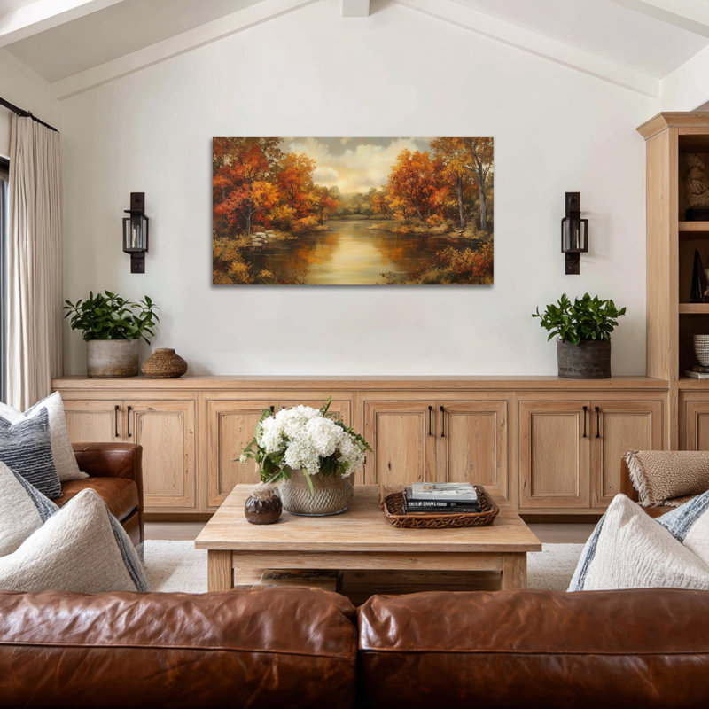 Large Fall Landscape Wall Art - Autumn Pictures Wall Decor, Vintage Fall Paintings for Living Room, Earth Tone Artwork for Bedroom Wall Decor, Frame Wrapped Canvas Prints, 24×48 inches