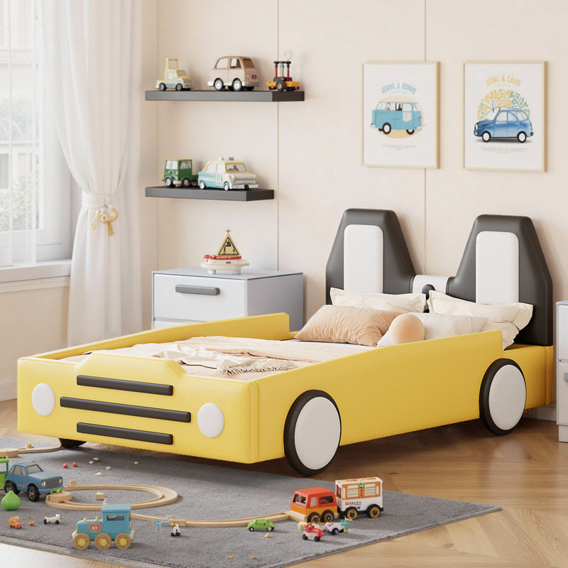 Customizable Imaginative Kids Race Car-Shaped Platform Bed with Wheels, Yellow