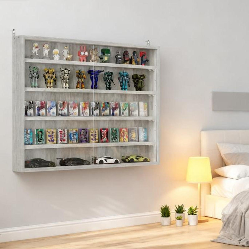 Vitrine murale grise parfaite pour les voitures miniatures, porte transparente pour vitrine élégante, Gris