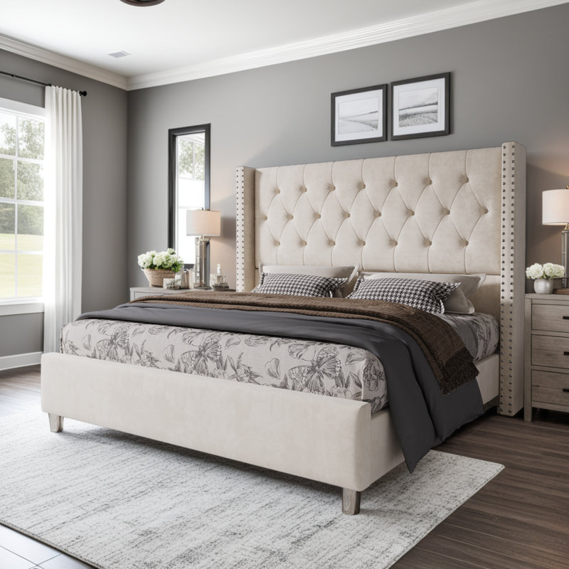 Occoquan Upholstered Wingback Bed, King, Cream
