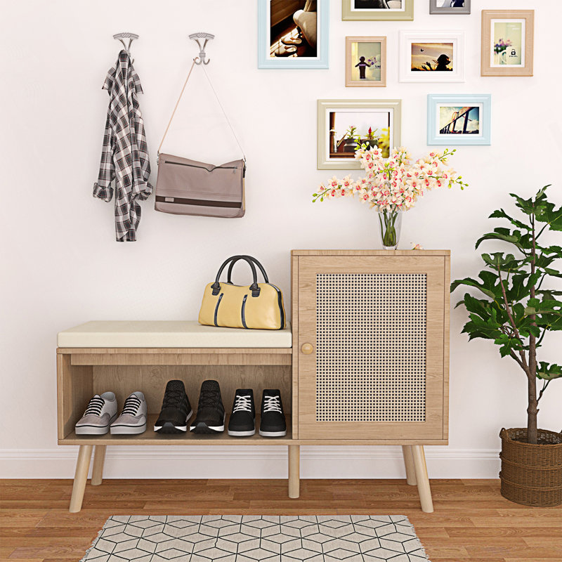 2-In-1 Shoe Storage Bench, Natural Rattan Shoe Cabinet With 2 Adjustable Shelves And Removable Seat Cushion, Modern Entryway Bench, Shoe Storage Organizer, Shoe Rack For Hallway, Bedroom, Bedroom Bench