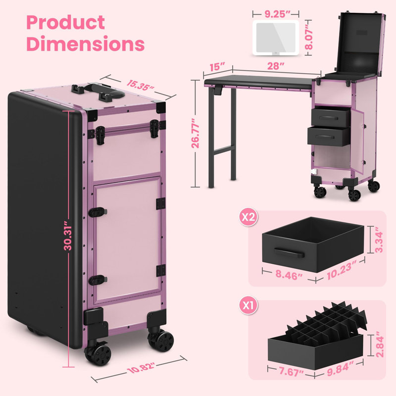 Table de manucure roulante portative avec 3 tiroirs, miroir et organisateur de vernis à ongles, trousse de maquillage verrouillable avec bureau à ongles pliable