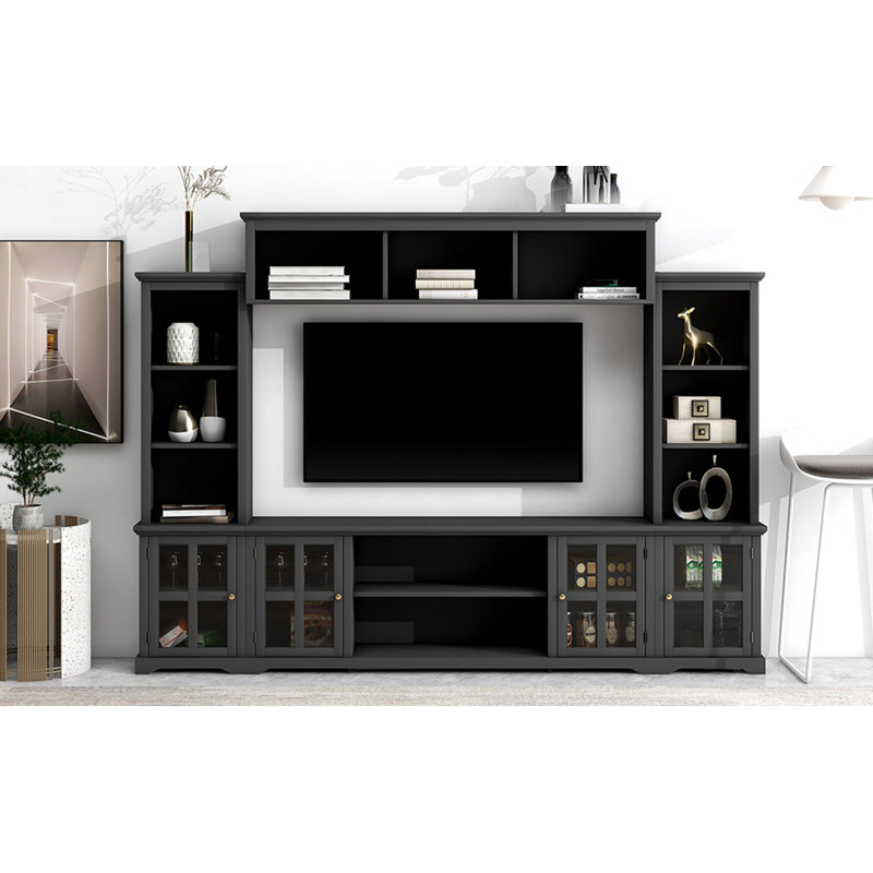 Minimalism Entertainment Wall Unit With Bridge, Modern Tv Console Table For Tvs Up To 70", Multifunctional Tv Stand With Tempered Glass Door