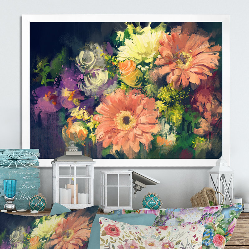«Grunge Pastel Bouquet Of Flowers», reproduction sur toile, H 30 po x l 40 po x P 1,5 po, Cadre de coin blanc fermé