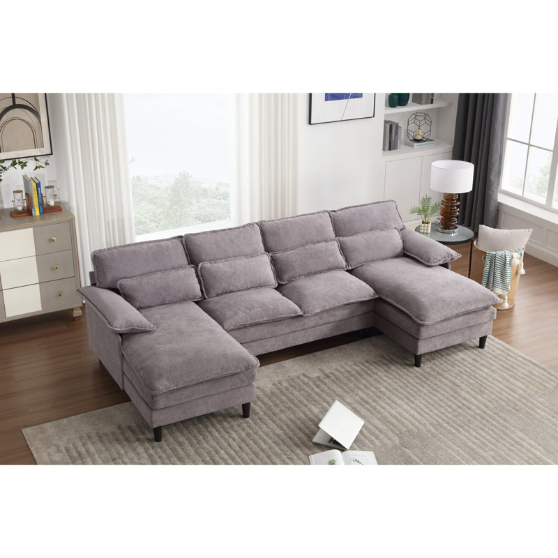 Canapé modulaire en U, 4 places avec méridienne, tissu éponge, gris pour le salon de la décoration intérieure, coussin double, 4