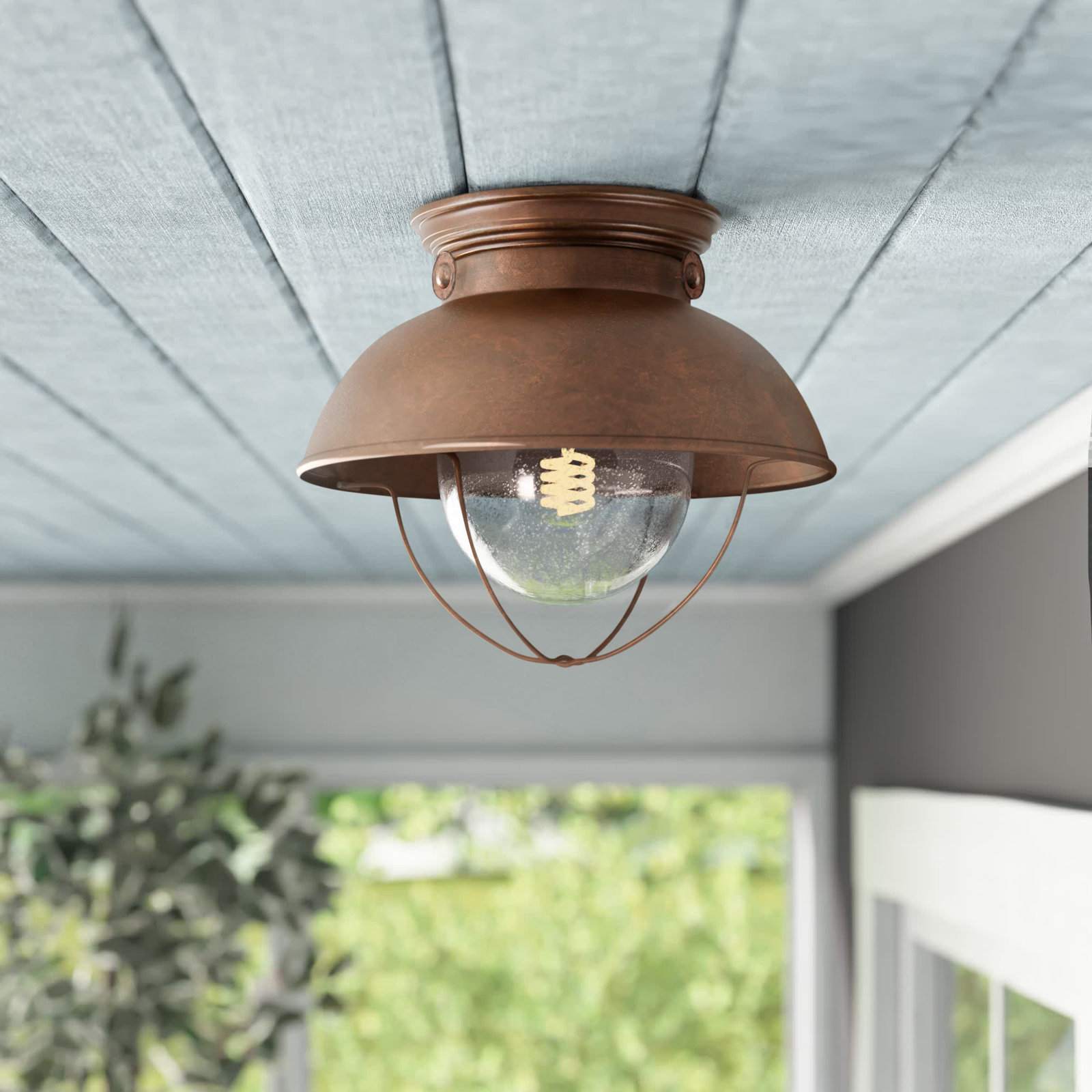 Audrey Seeded Bell Outdoor Semi Flush Mount, Weathered Copper