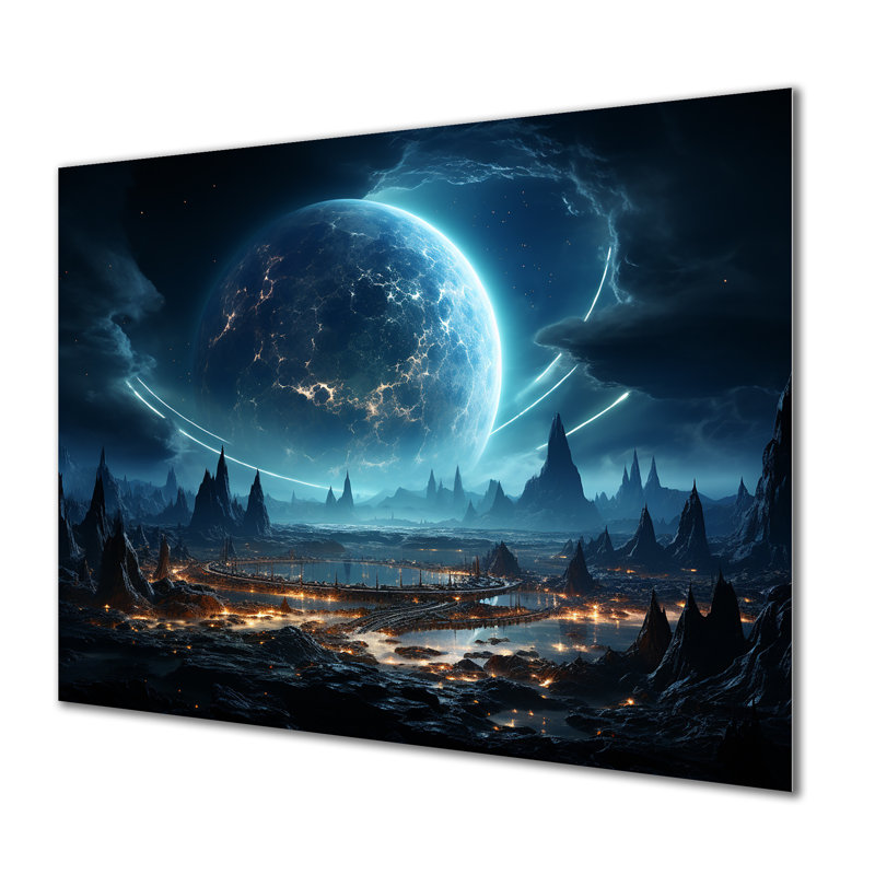White And Blue Cosmic Space Landscape I - Space Planet Metal Wall Art, 12" H x 20" W x 1" D