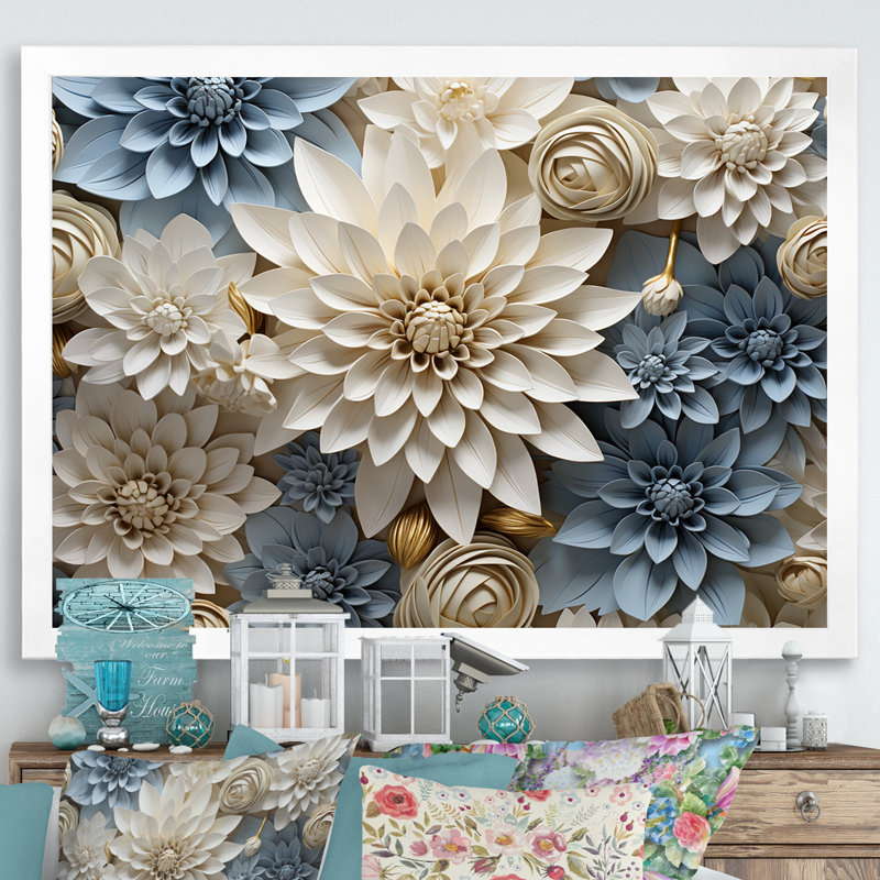«Simplicity Mums Bloom» en beige et bleu pâle II - Mums, art mural, H 30 po x l 40 po x P 1,5 po, Cadre simple blanc
