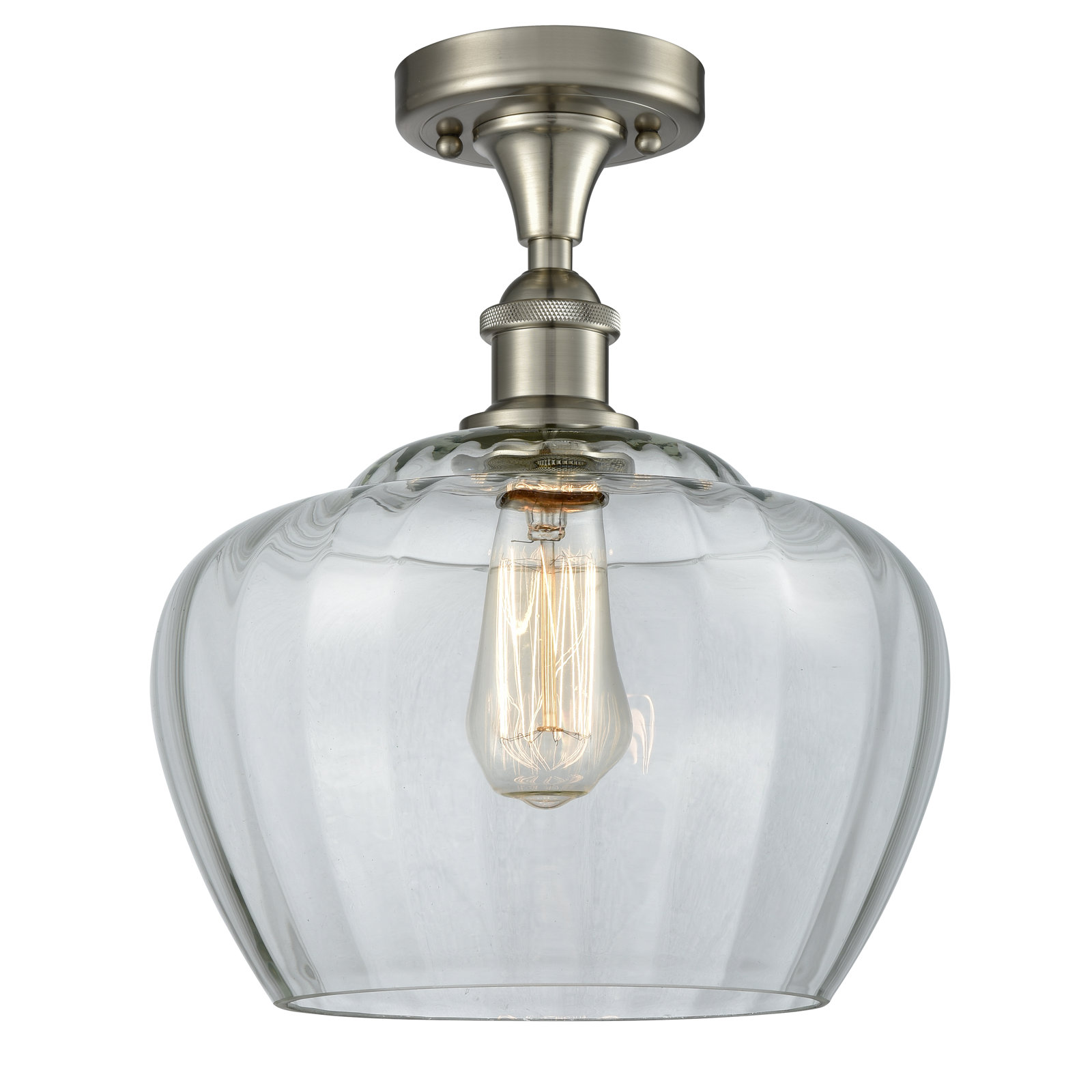 Renee Single Light Glass Semi Flush Mount, Clear, Brushed Satin Nickel, 60 Watt Vintage Incandescent Bulb