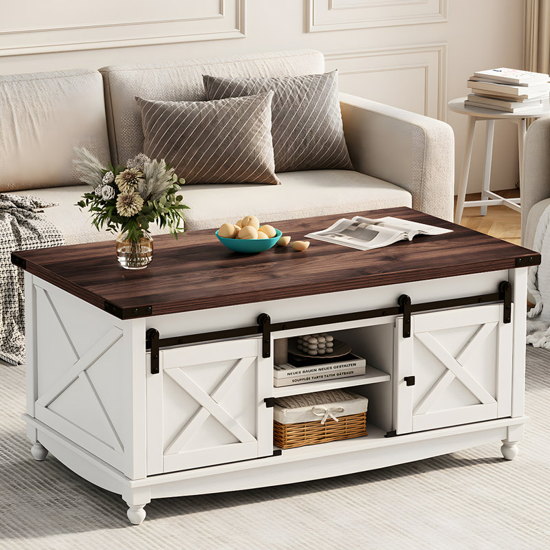 Givens Farmhouse Lift Top Coffee Table With Storage Sliding Barn Door, Dark Brown/White