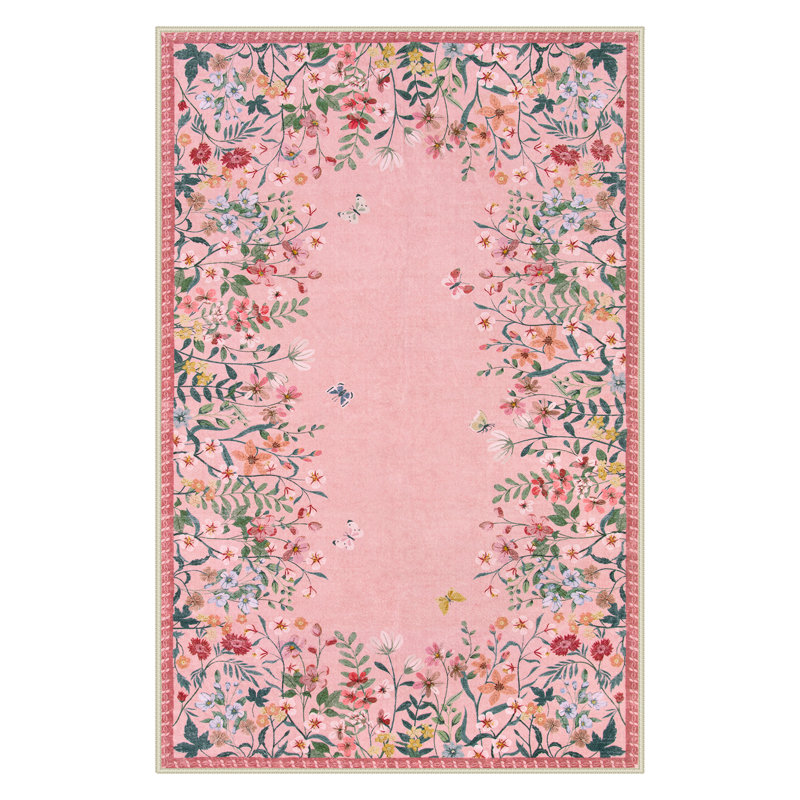 Vintage Floral Pink Washable Area Rug with Non-Slip Backing, Rectangle 6' x 9'