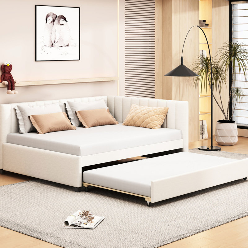 Size Upholstered Daybed With Trundle, Beige Linen, No Box Spring, Stable And Relaxing Frame Linen Fabric, Spring Requirement, Robust Long-Lasting Bed