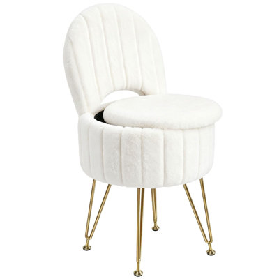 White Round Vanity Stool Backrest & Hidden Storage, Foldable Faux Fur Makeup Chair w/ Memory Foam Seat & Gold Metal Frame, Small