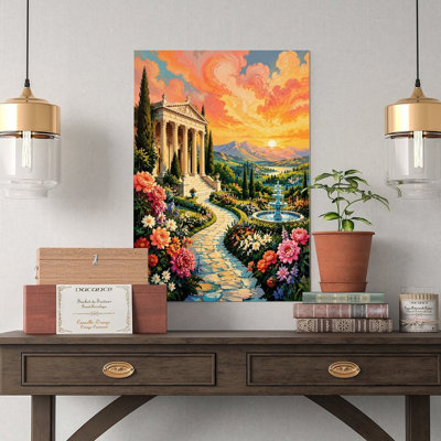 Canvas Wall Art Classical Temple Garden Path Sunset Fountain Art P Vintage Poster Print Home Decor