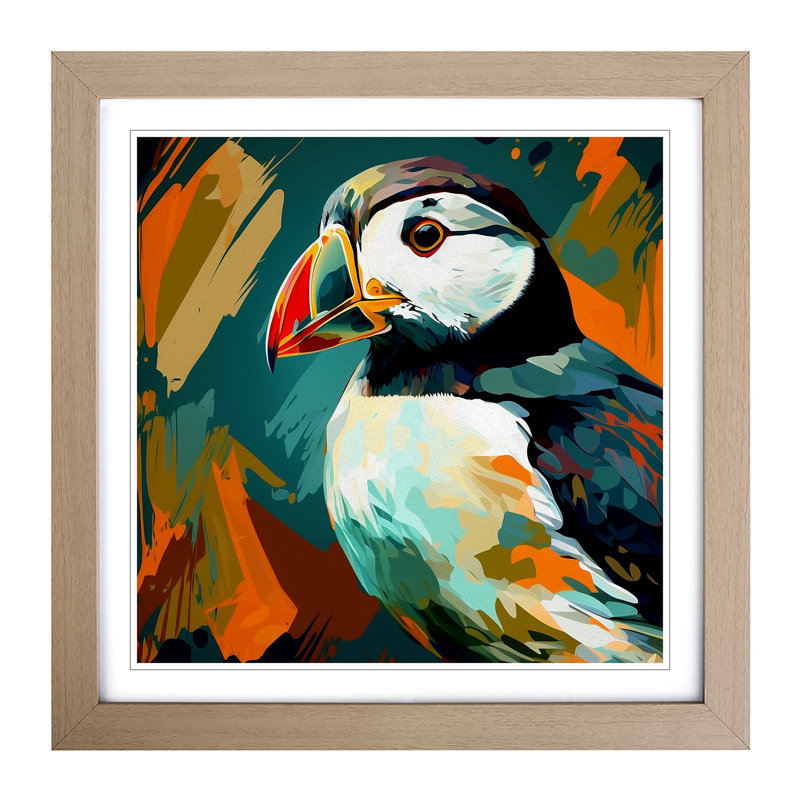 Puffin Abstract Expressionism - Single Picture Frame Print on Wood, Walnut