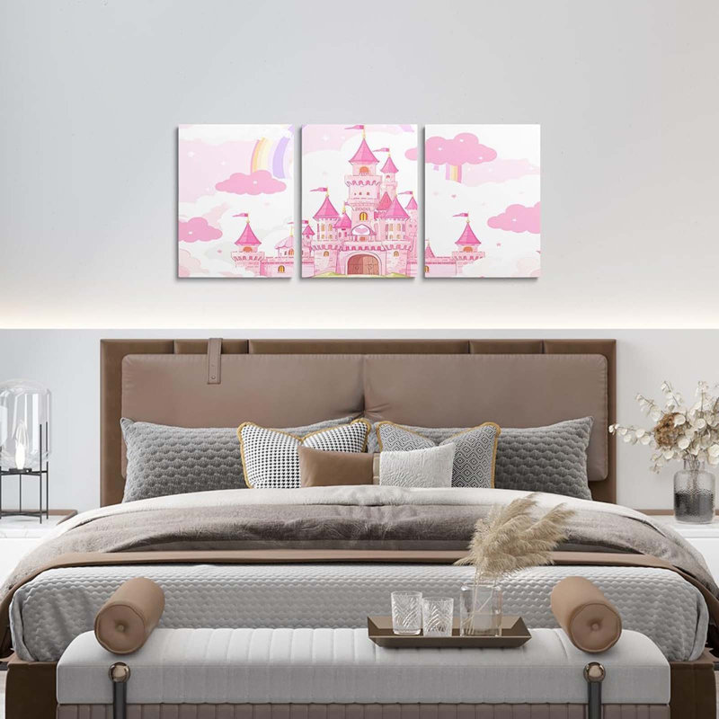 Castle Picture Wall Decor Rainbow Castle Canvas Wall Art For Living Room Bedroom Princess Bathroom Wall Art For Home Decor Fairy Tales Wall Painting 12" X 16" 3 Piece