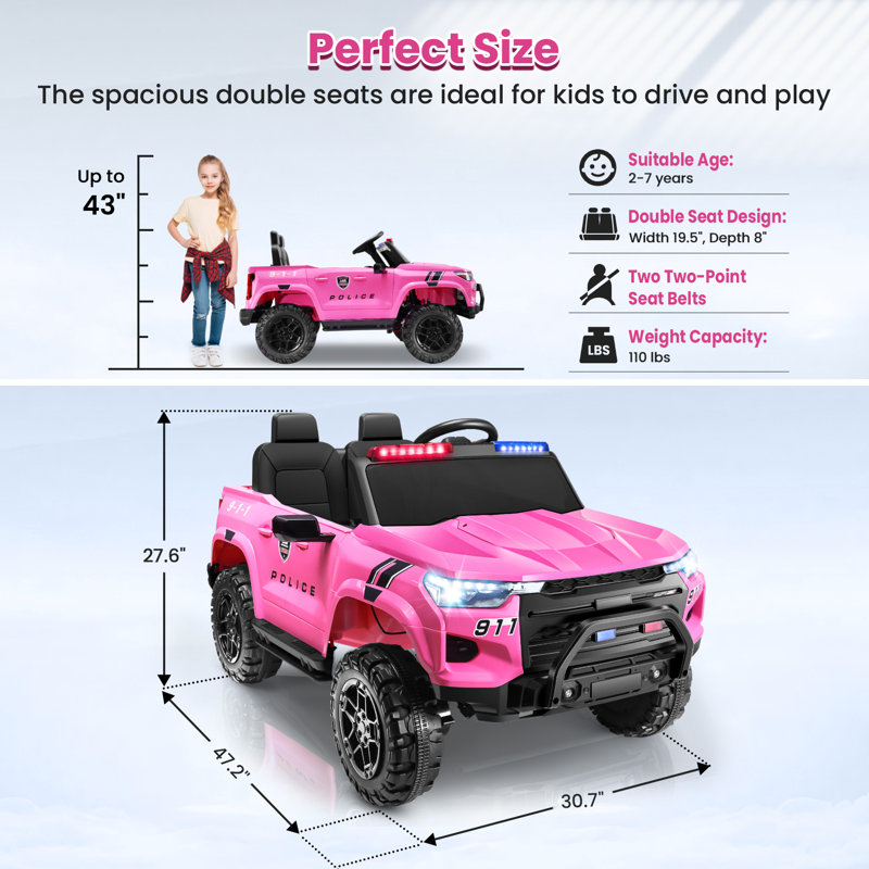 24V Pink 2-Seater Ride-On Police Truck with Remote Control